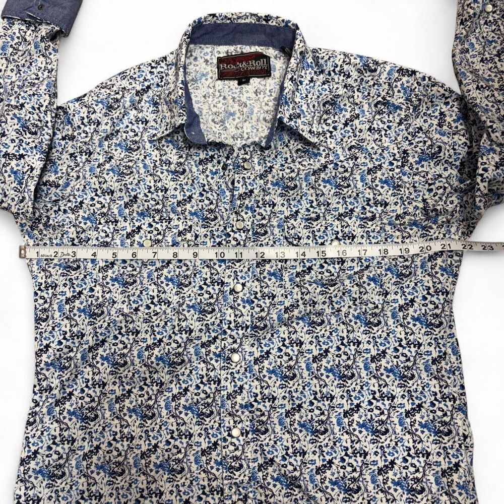 Rock & Roll Cowboy Blue White Floral Pearl Snap Western Shirt Mens Size M - Picture 4 of 5